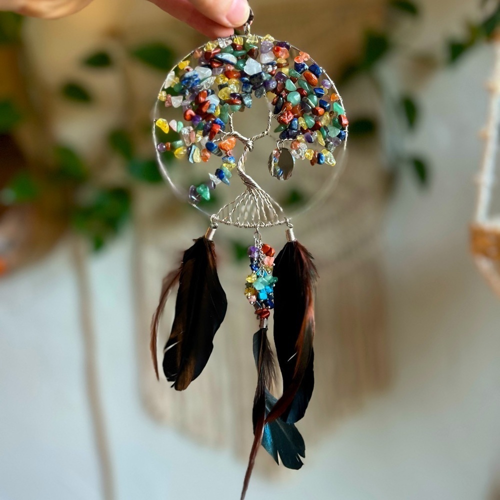 Tree of Life Dreamcatcher – Chakra Gemstone Wall Hanging with Feathers – Boho